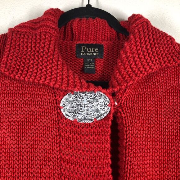 Pure Handknit Red Sweater Large Silver Medallion Button Details Size Small - Picture 2 of 6